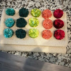 Colorful Pom Pom Foldover Linen Clutch 12” x8” w/magnetic closure.
